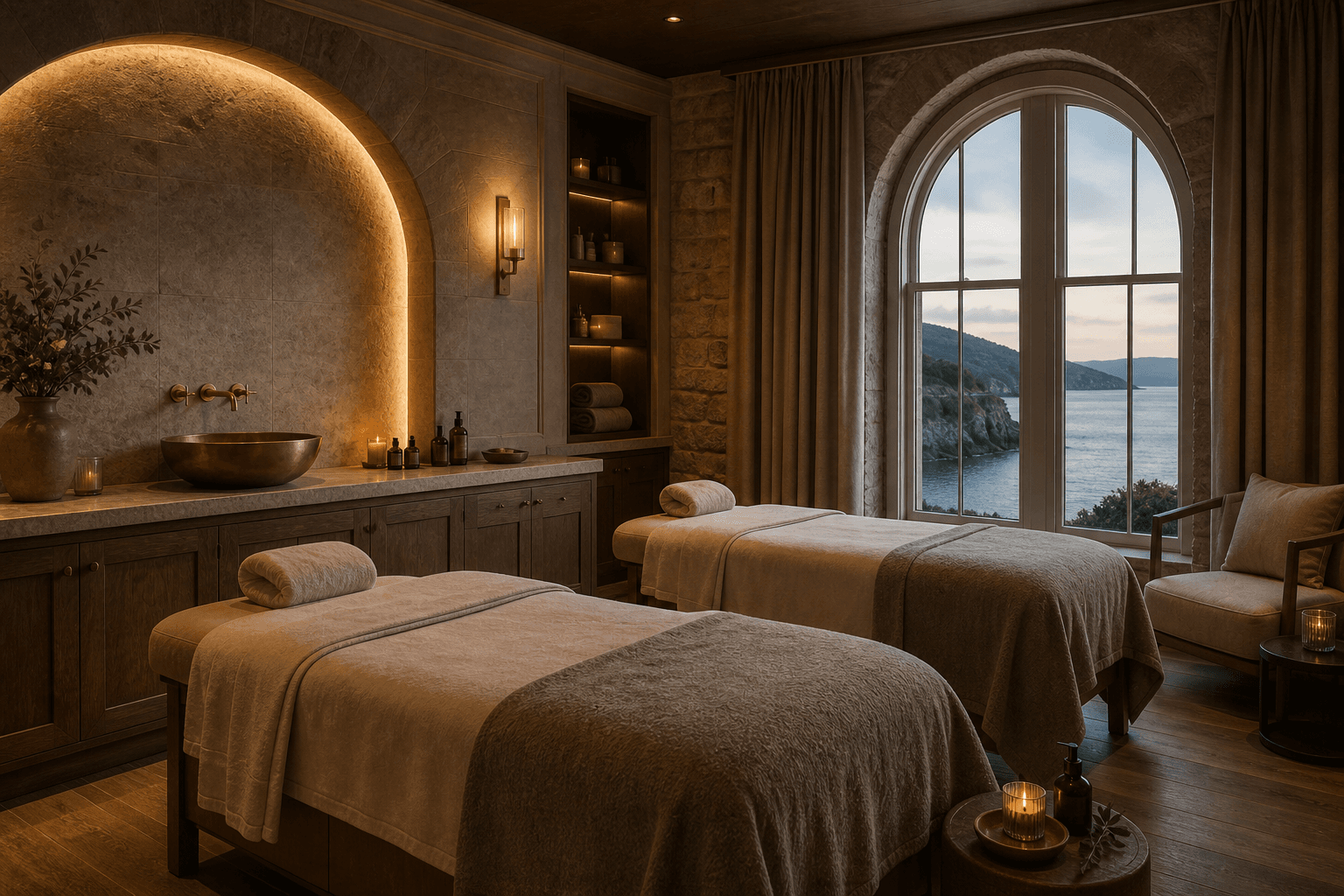 Serene spa treatment suite with a sea view